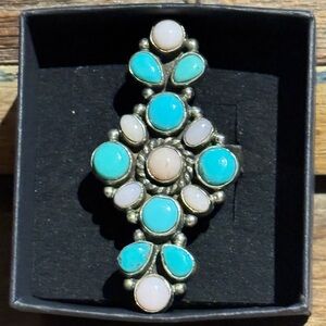 Southwestern Turquoise and Pink Opal Statement Sterling Silver Adjustment Ring